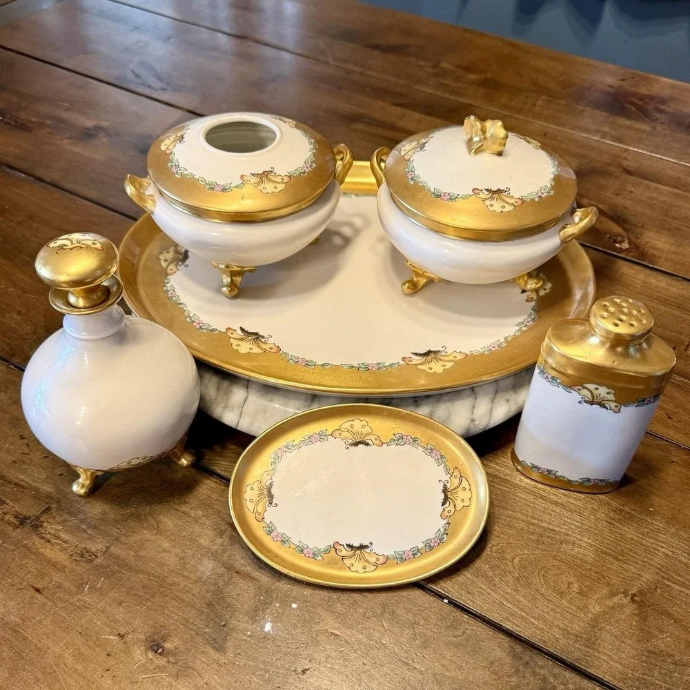 9pc VTG Antique Limoges France‎ Hand-Painted Gold Butterfly Vanity Set Dresser